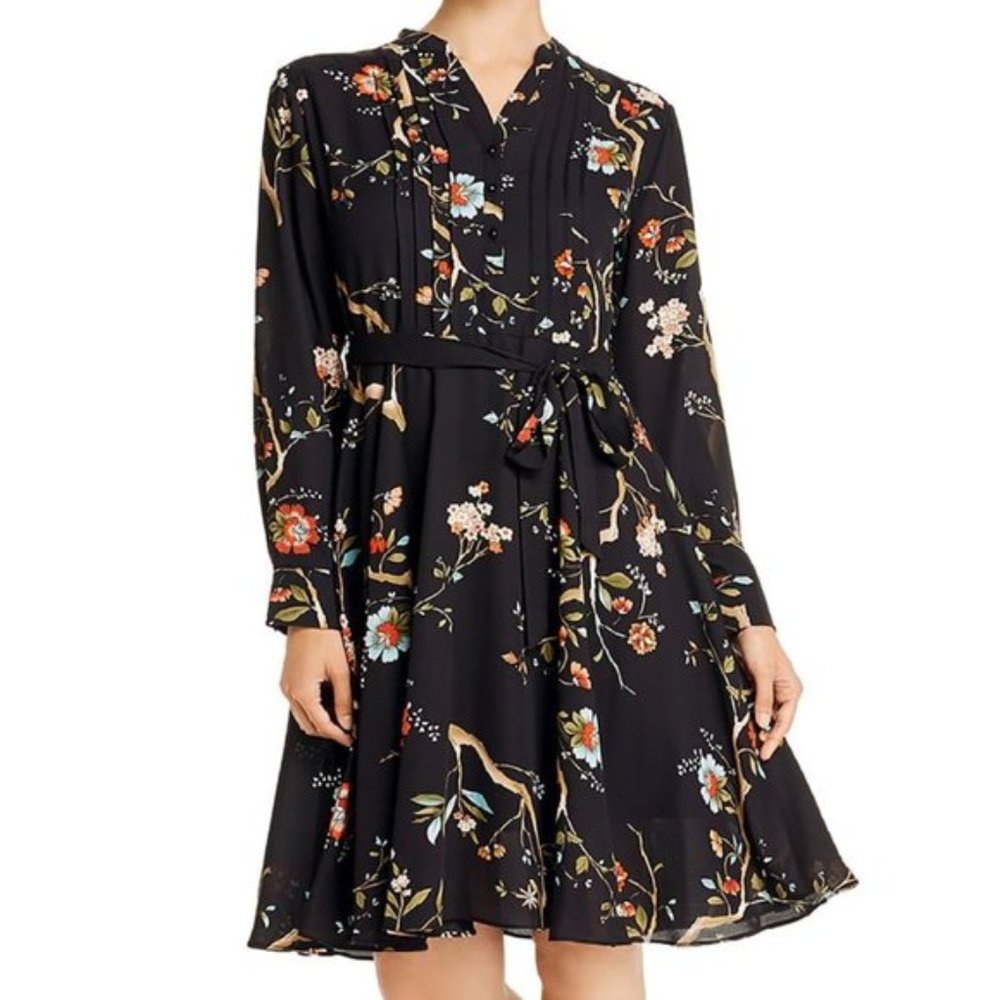 Nanette Lepore Pintucked Floral Print Shirt Dress w/Dainty Black Slip